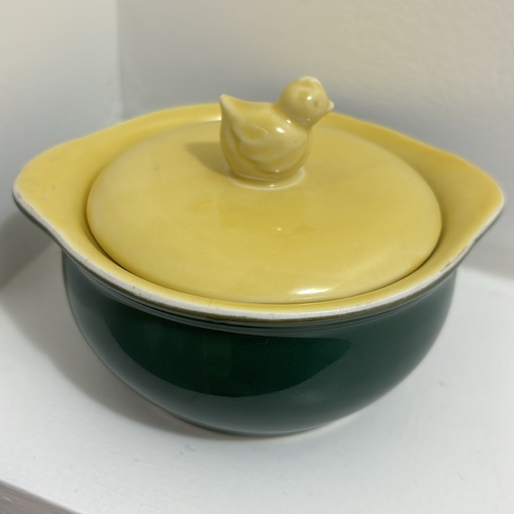 Hall Vintage -Green Sugar Bowl with Yellow Lid and Adorable DUCK Bird Knob